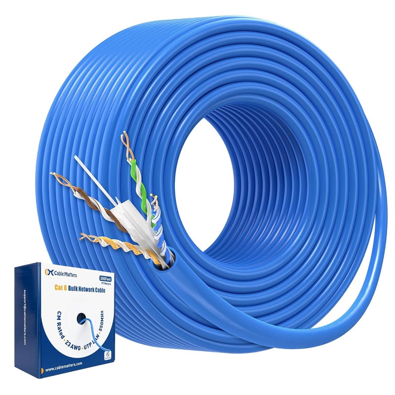CableMatters كابل إيثرنت Cat6 من النحاس النقي بسمك 23AWG، معتمد من UL، بسرعة 10Gbps، بطول 300 قدم، كابل Cat 6، لفة كابل، باللون الأزرق - Image 1